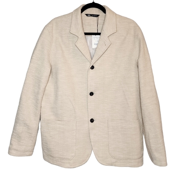 NWT Zara Beige Cream tweed button blazer. Size large. - Picture 1 of 16